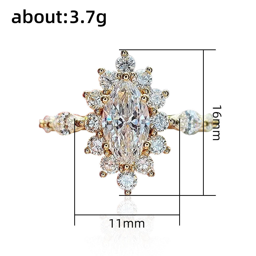 Womens Flower Ring Gold Plated Copper Band With Marquise Zircon Inlay Faceted Zirconia Elegant Fashion Jewelry
