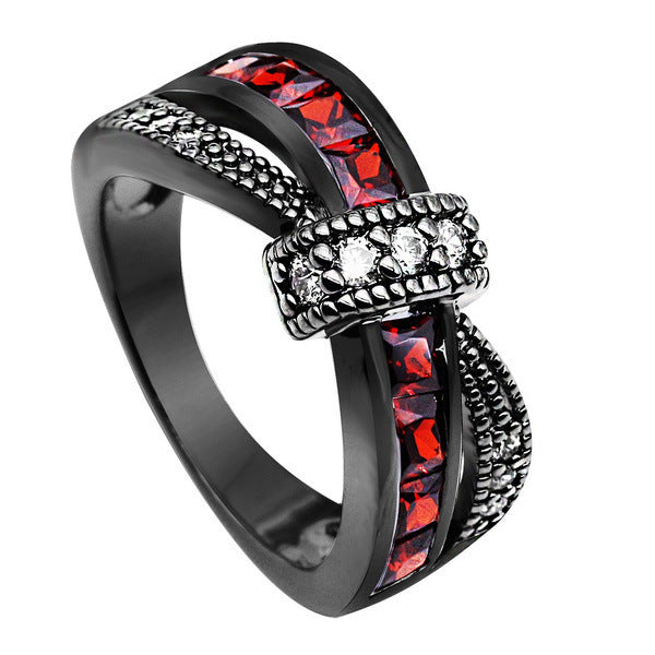 Womens Black Gold Tone Cross Ring Garnet Red Zircon Geometric Alloy Inlaid Jewelry For Women Elegant Statement Piece