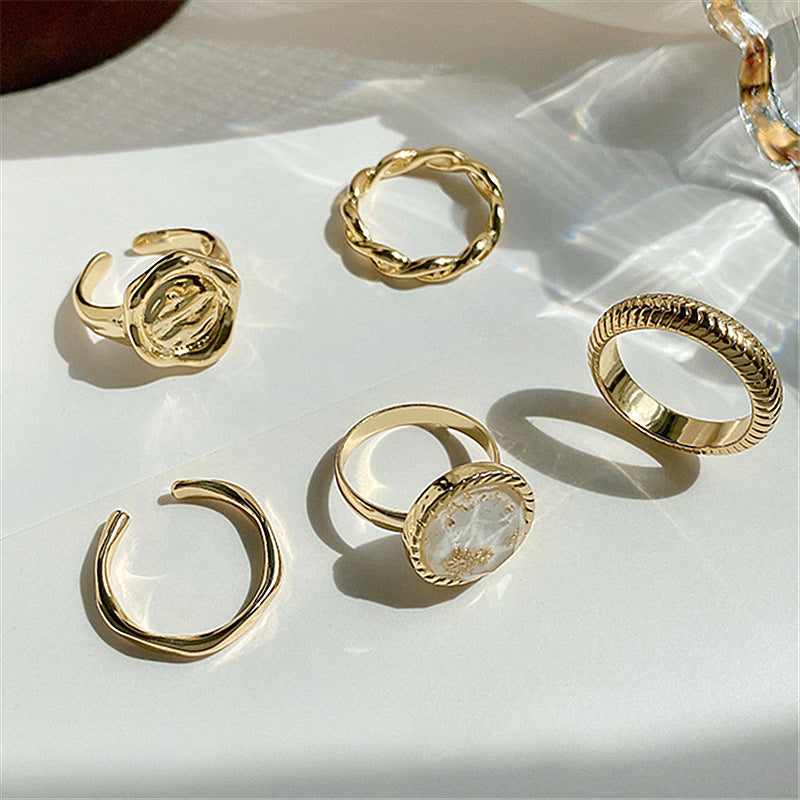 Women Five Pieces Gold Tone Ring Set Geometric Alloy Electroplated Adjustable Durable Versatile Fashion Jewelry Gift
