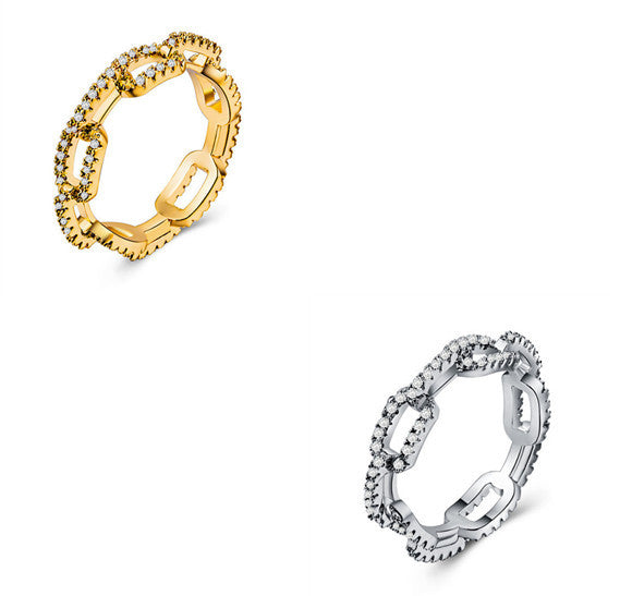 Zircon Inlaid Lock Chain Ring Gold Plated Copper Geometric