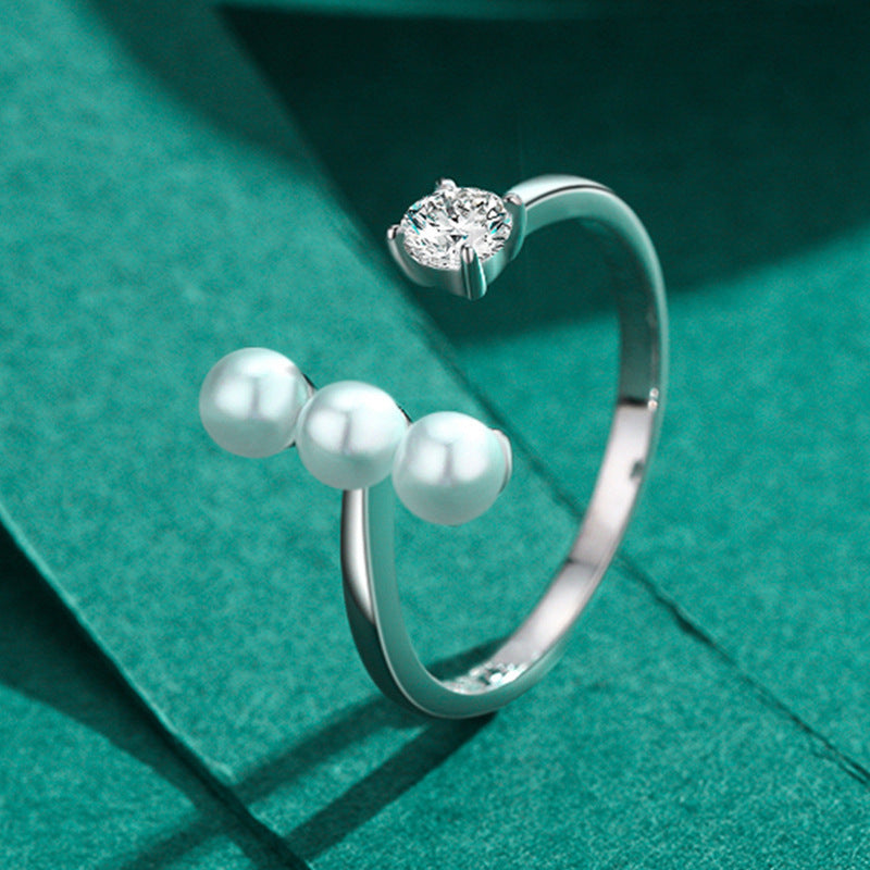 Womens Sterling Silver Ring With Pearl Adjustable Geometric Ring European Design S925 Silver Ring Round And Line