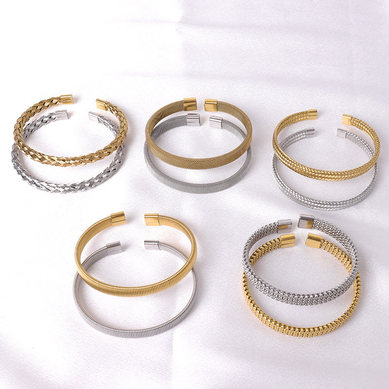 Stainless Steel Woven Bracelet Open Ended Fashion Bangle Electroplated Durable Round Design Accessory Steel And Gold