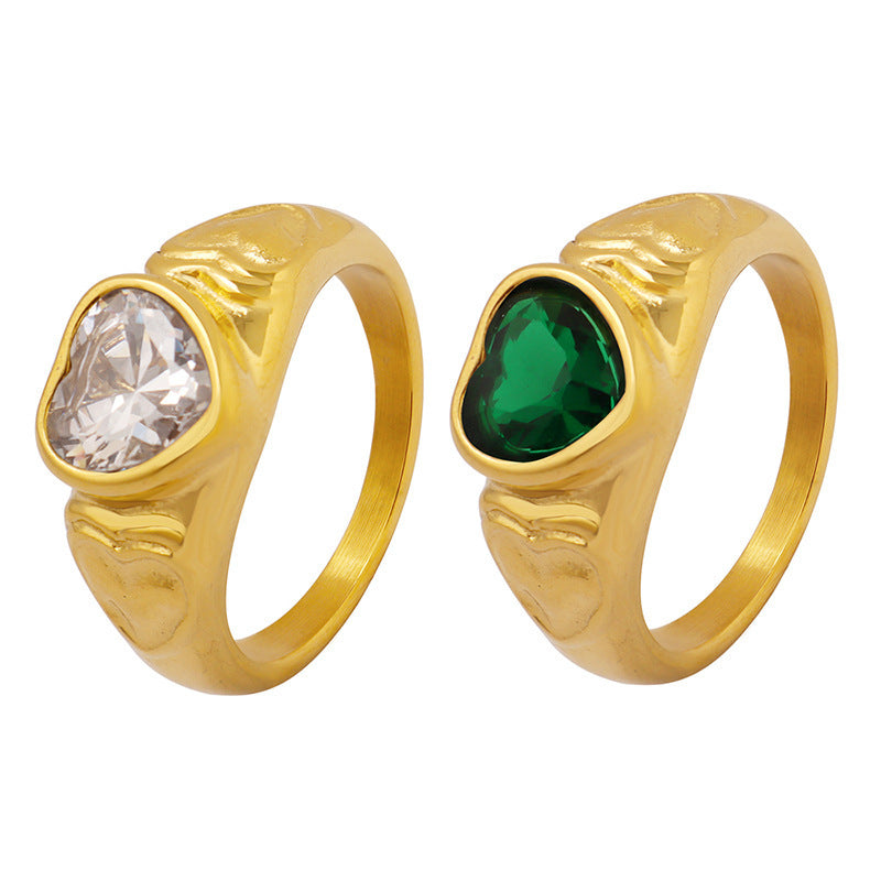 Women Heart Shaped Ring with Glass Stone Crystal Accent Titanium Steel Band Elegant Geometric Design Ideal Gift