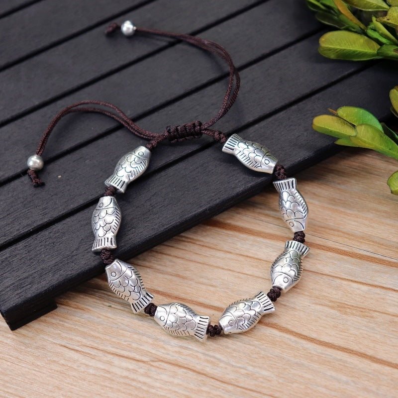 Ethnic Bracelet With Fish Pixiu Heart Flower Elephant Charms Alloy Electroplated National Design Single Bangle