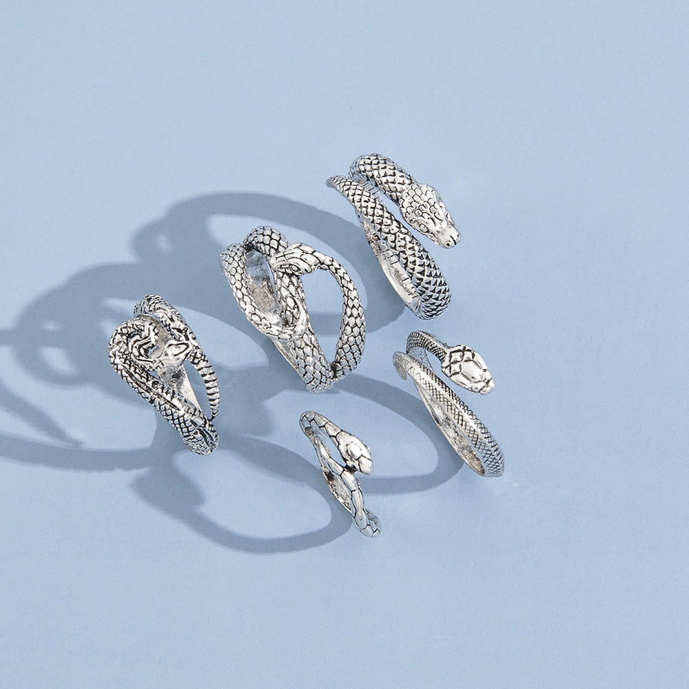 Electroplated Alloy Ring Set Geometric Snake Rings Vintage European American Style 5 Piece Free Shipping Today