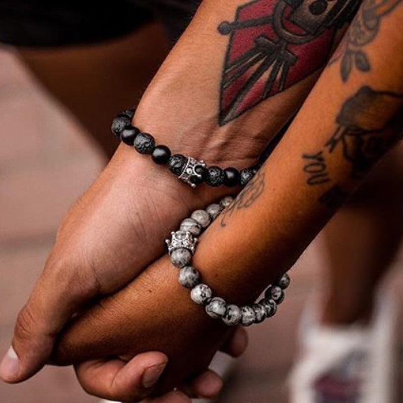 Unisex Agate Bracelet For Couples Natural Stone Bead Bracelets Crown Gold Plated Inlay Gemstone Anti Fatigue Jewelry