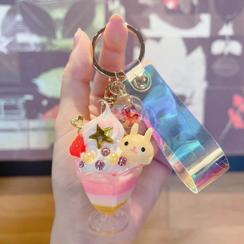 Animal Ice Cream Keychain Resin Doll Shaped Key Chain Metal Accessories Novelty Gift White Rabbit Cat Pendants
