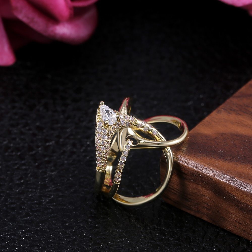 Copper Ring With Zircon Inlaid Geometric Design Gold Plated Jewelry For Women On Special Occasions Travel Souvenir