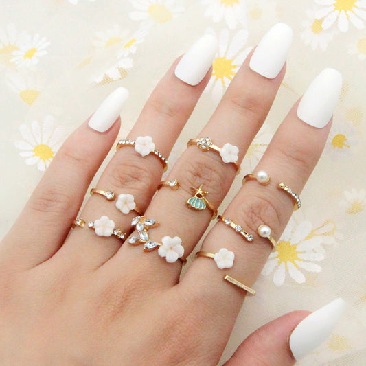 Womens Bohemian Ring Set With Pearl Flower And Diamond Inlay Gold Plated Alloy Jewelry One Size Inlay Gems Set Style
