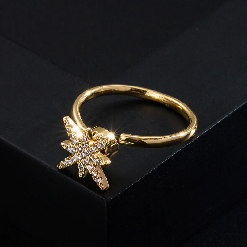 Rotatable Zircon Ring Gold Plated Copper Micro Inlaid Adjustable Open Elegant Style Jewelry For Everyday Wear
