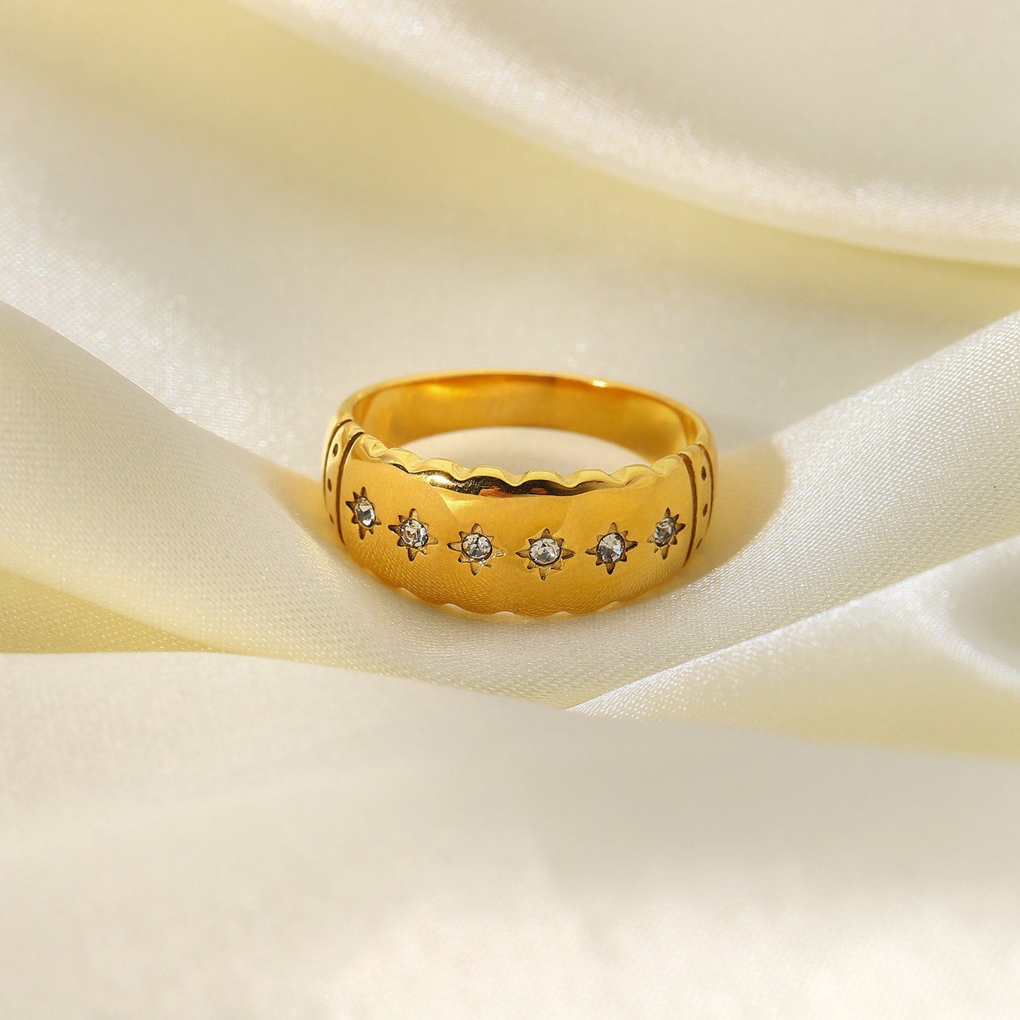 Gold Plated Stainless Steel Eight Pointed Star Ring with Diamond Accent for Women Jewelry Timeless Everyday Luxury