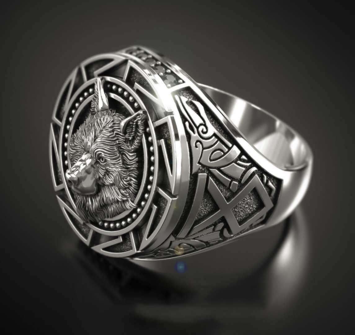 Mens Wolf Ring Retro Silver Plated Alloy With Artificial Gem Inlay Wolf Eating Moon Sunflower Totem Design Style