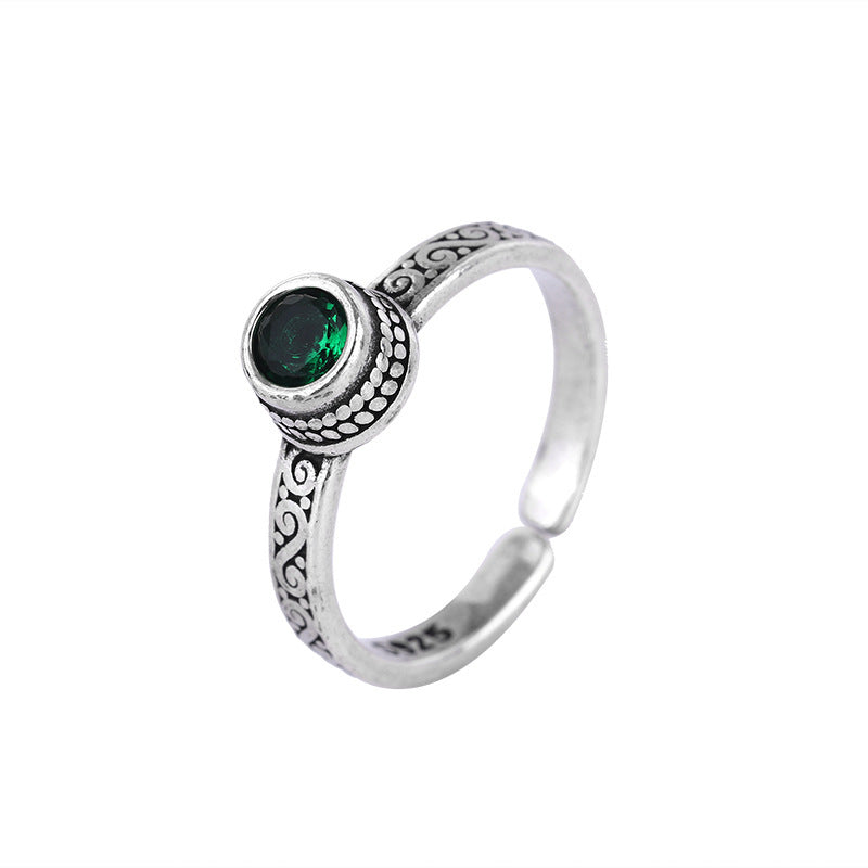 Womens Adjustable Retro Silver Geometric Ring Copper Electroplated With Green Zircon Knuckle Ring Fashion Jewelry
