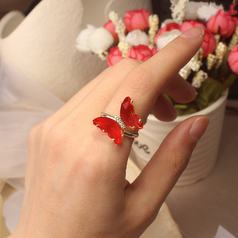 Womens Butterfly Ring Adjustable Crystal Inlay Alloy Insect Jewelry Korean Style Fashion Accessory Ladies Gift