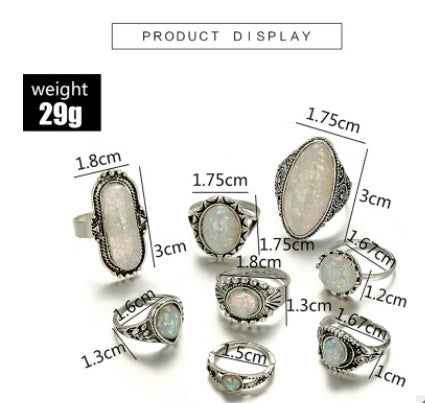 Geometric Rings Set Round And Oval Gemstones Vintage Alloy Inlaid Artificial And Semi Precious Stone 8 Piece