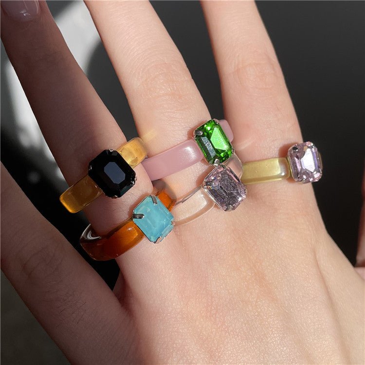 Womens Acrylic Resin Rings With Rhinestones Fashion Leaves Geometric Statement Ring For Women And Girls Trendy