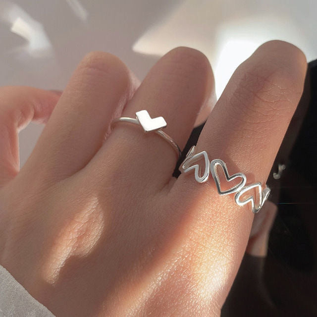 Women Heart Ring Set Adjustable Alloy Rings Silver Korean Vintage Style Heart Shape Jewelry Gift For Every Day
