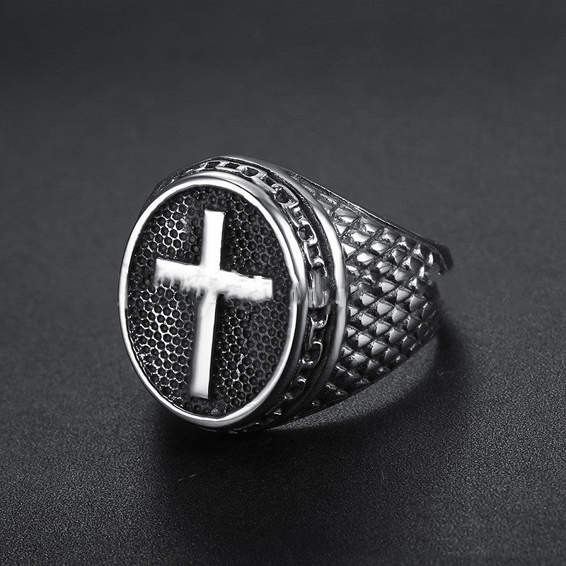 Men's Vintage Cross Ring Titanium Steel Ring Personality Ring for Men Fashion Ring Biker Ring Religious Jewelry Statement Ring Steel Color Sizes 7 to 14