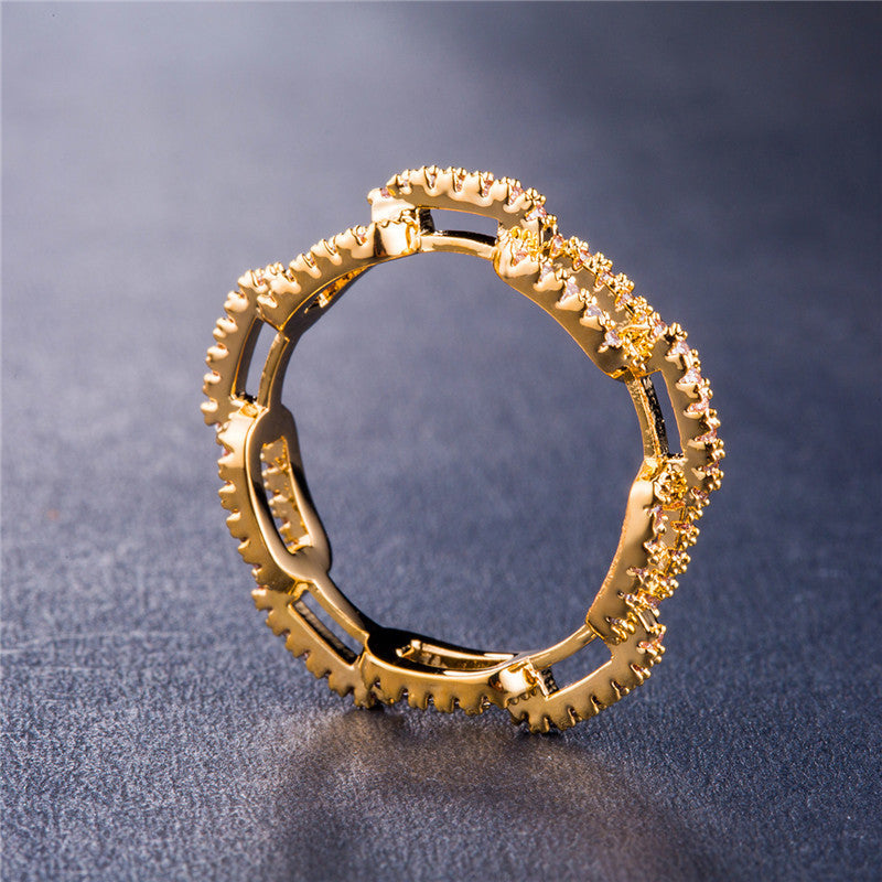 Zircon Inlaid Lock Chain Ring Gold Plated Copper Geometric