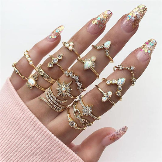 Geometric Alloy Ring Set For Women With Artificial Gem Accents And Electroplating Finish 17 Piece Everyday Style