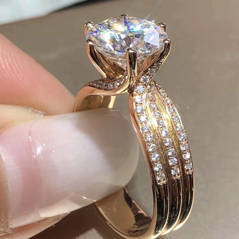 Six Claw Solitaire Ring Gold Tone Copper Zircon Sparkling Engagement Wedding Anniversary Jewellery Gift Yellow