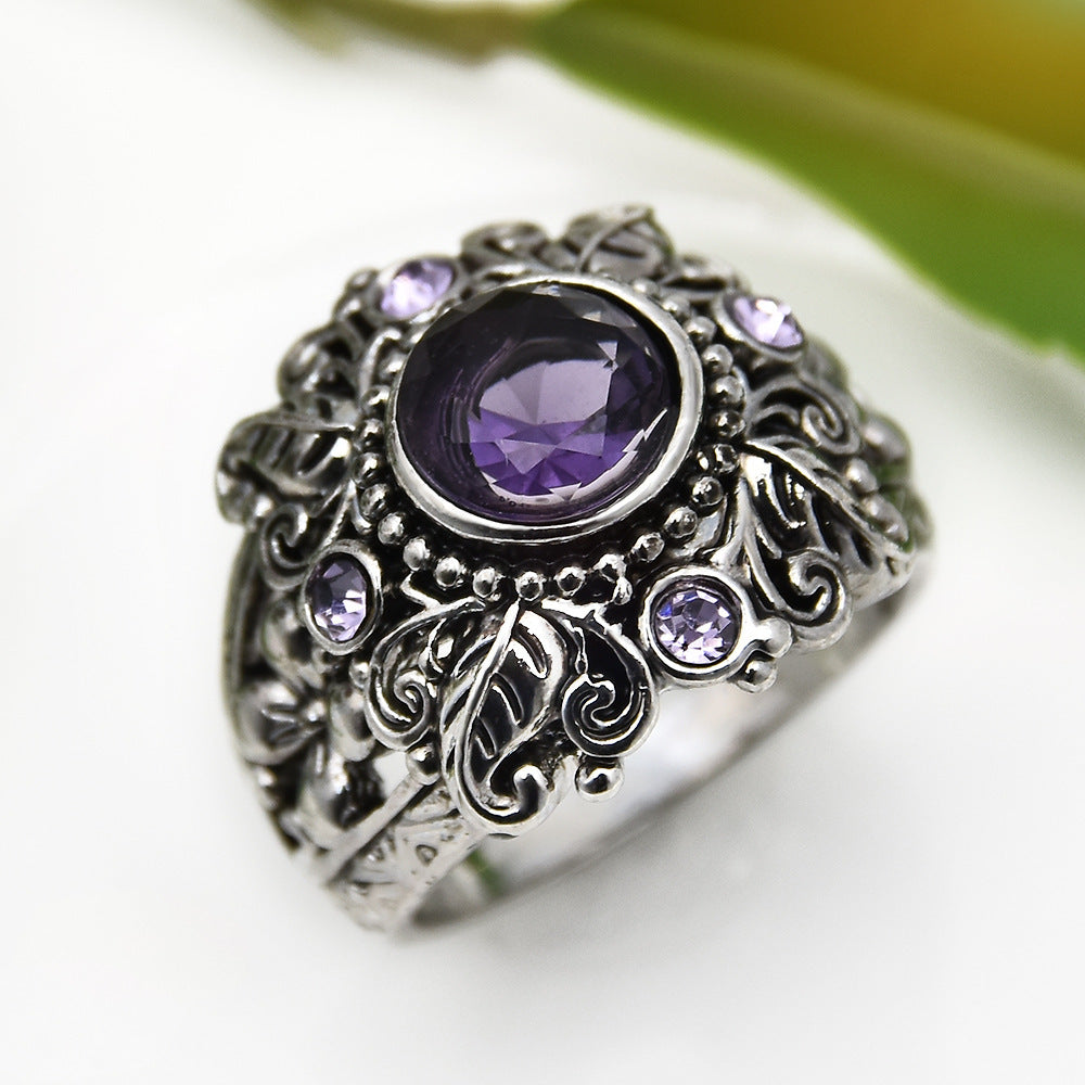 Amethyst Ring Silver Flower Design Retro Thai Style Carved Metal Jewelry For Women And Girls Everyday Wear Gift