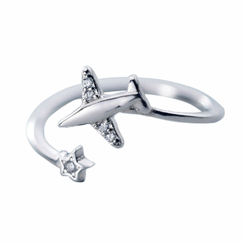 Womens Sterling Silver Ring Airplane Design Adjustable Open Ring 925 Silver Jewelry Gift For Women And Girls For Her