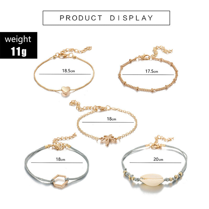 Womens Geometric Shell Love Design Alloy Bracelet Set Bangle Jewelry Five Piece For Girls Elegant Everyday Wear