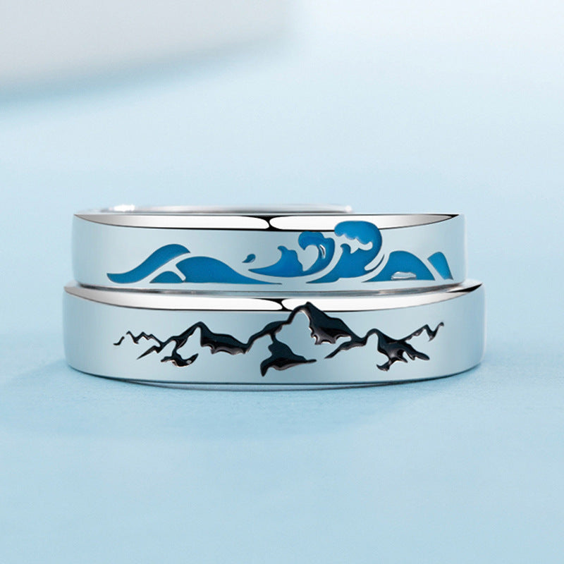 925 Sterling Silver Wave Design Couple Rings Epoxy Finish Matching Promise Bands For Him And Her For Every Day