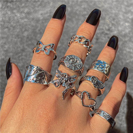 Vintage Knuckle Ring Set 9 Piece Unisex Punk Bohemian Metal Rings Crying Face Hollow Heart Butterfly Gift Pack