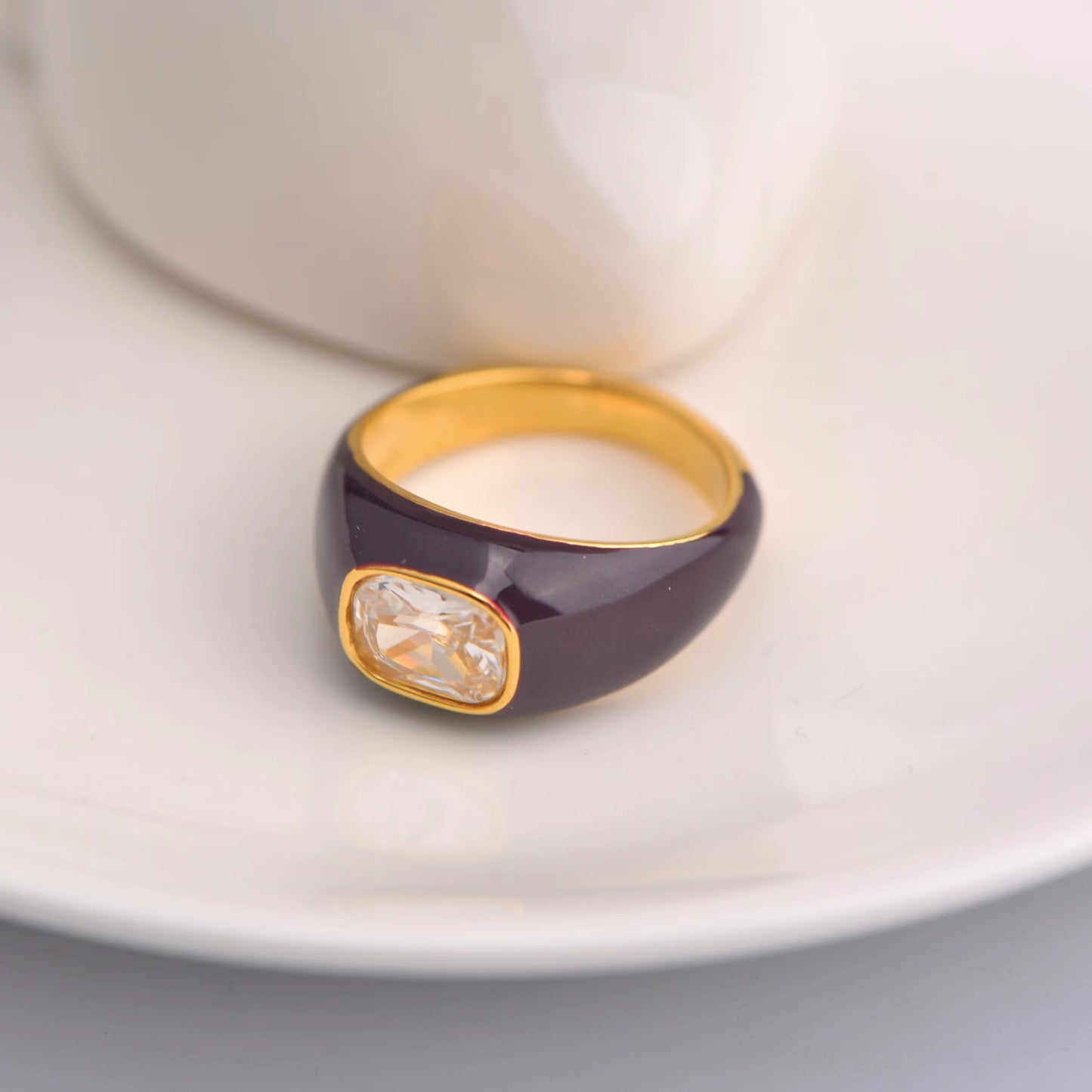 Stainless Steel Ring with Green Round Diamond and Coffee Colored Square Diamond Accent Jewelry Fashion Ring for Women Girls Size 6 7 8