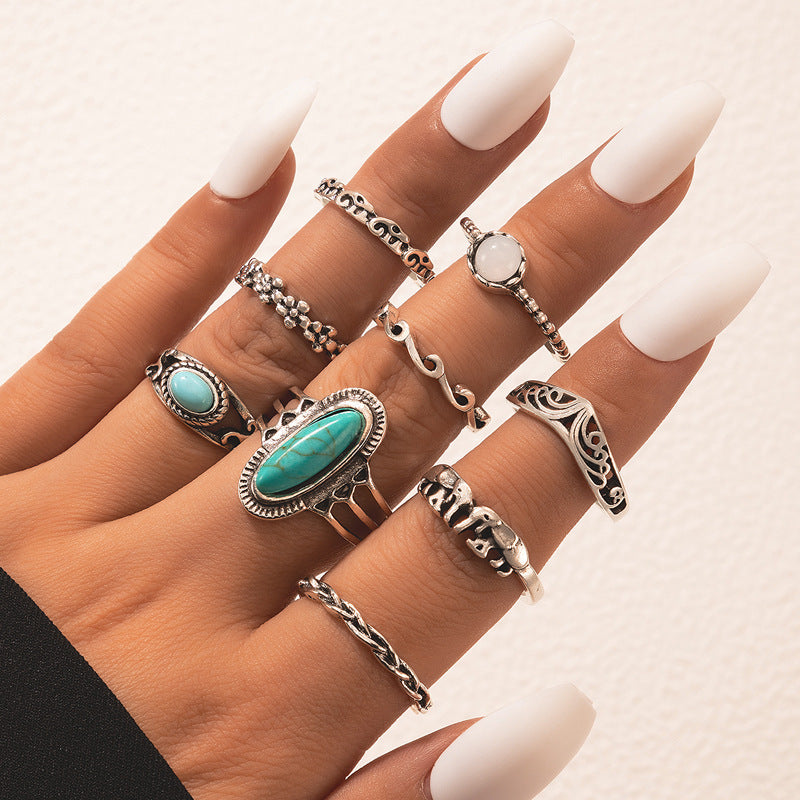 Womens Silver Ring Set With Turquoise Elephant Flower Gem Geometric Retro Ethnic Jewelry Hand Accessories Sets