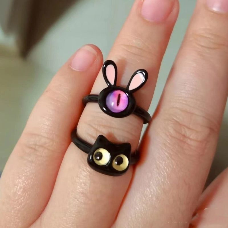 Women's Open Ring Featuring Cute Animal Design Adjustable Alloy Ring With Black Kitty Cat And Cartoon Rabbit Cute