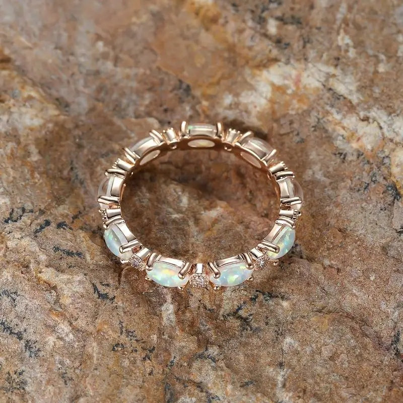 Gold Plated Oval Opal Zircon Eternity Ring For Women Zinc Alloy Jewelry Daily Wear Elegant Accessory Style Lux