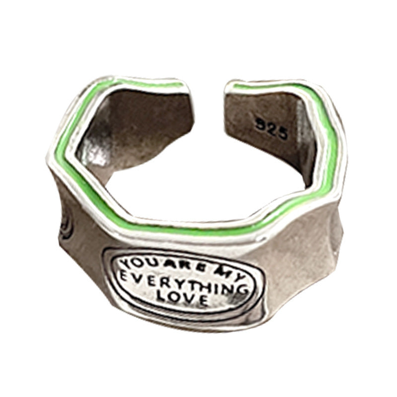 Unisex Open Adjustable Sterling Silver Ring Geometric Design With Exaggerated English Letter Motif Modern Look