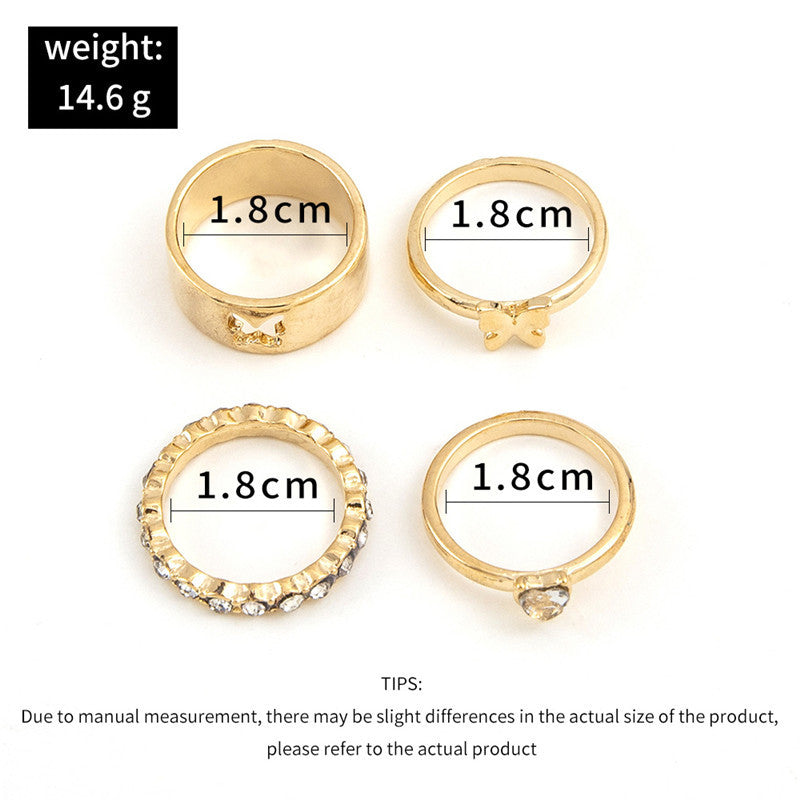 Four Piece Ring Set Alloy Rings With Butterfly Rhinestones And Love Joint Design Elegant Fashion Jewelry Women