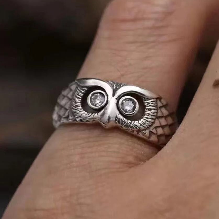 Vintage Owl Ring With Gemstone Adjustable Silver Jewelry Animal Zodiac Design Gift For Men Women Unisex Accessory