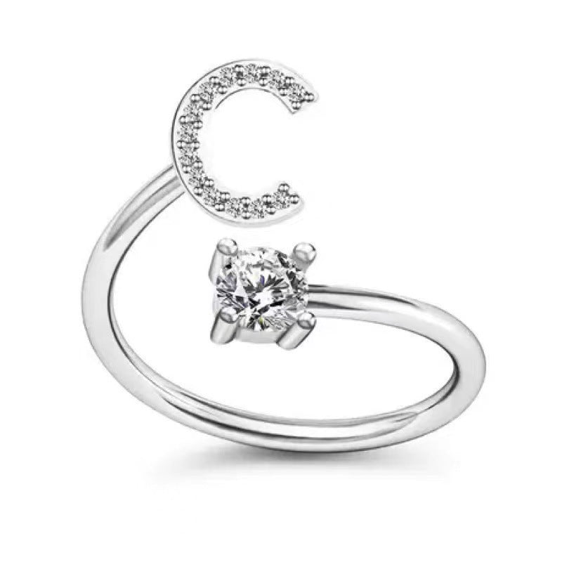 Women's Initial Alphabet Zircon Ring Open Mouth Adjustable Design A to Z Letter Jewelry Gift for Her Gifts for Her