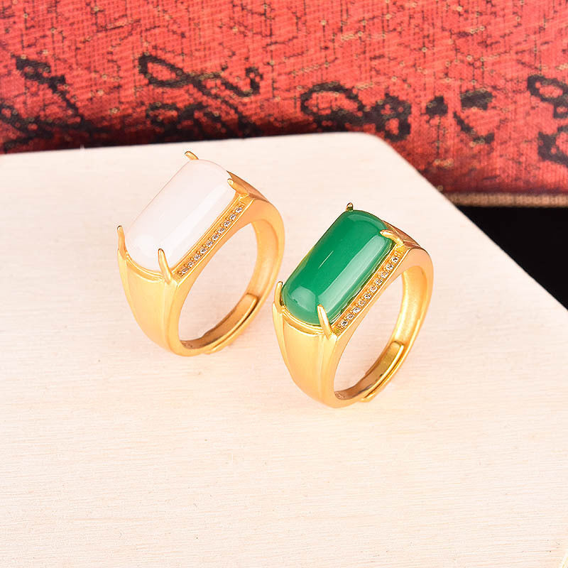 Vintage Copper Ring Gold Plated Jade Inlay Geometric Design For Women Adjustable Opening White Jade And Jasper Accents