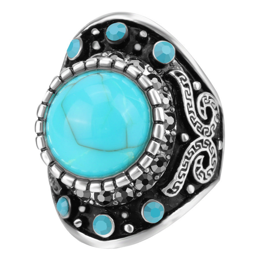 Turquoise Electroplated Alloy Ring With Crown Design Unisex Jewelry Inlay Gemstone Festive Gift In Everyday Wear