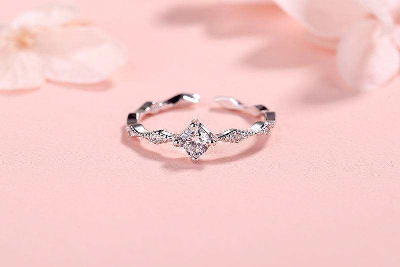 Women Copper Open Adjustable Ring Rhombus Diamond Zircon Accent Cold Wind Design 4mm Zircon Stone Everyday Wear