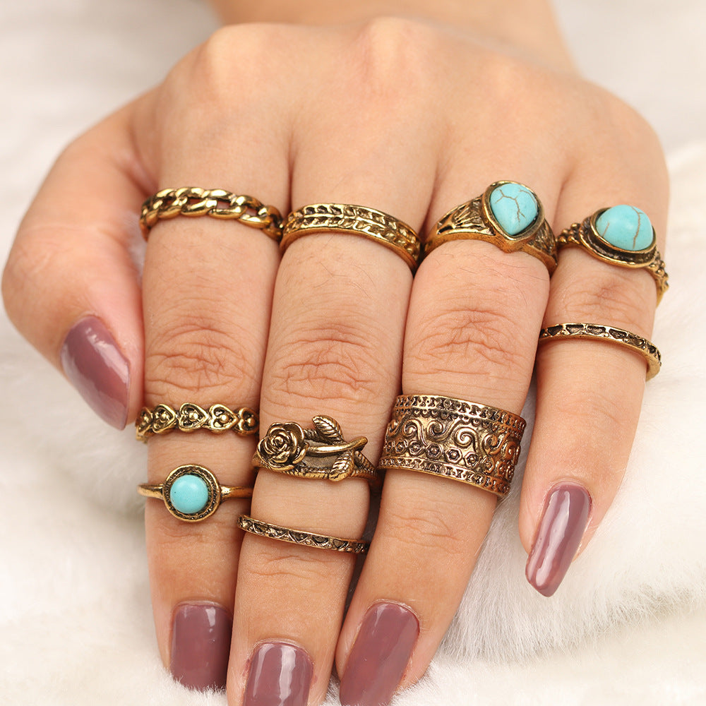 Vintage Turquoise Totem Flower Ring Ten Piece Joint Set