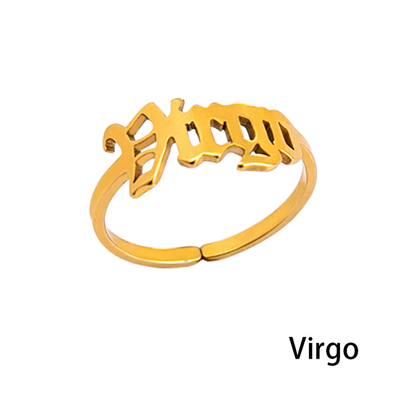 Stainless Steel Zodiac Sign Open Ring Adjustable Gold Letter Initial Ring for Women Lightweight Everyday Spark
