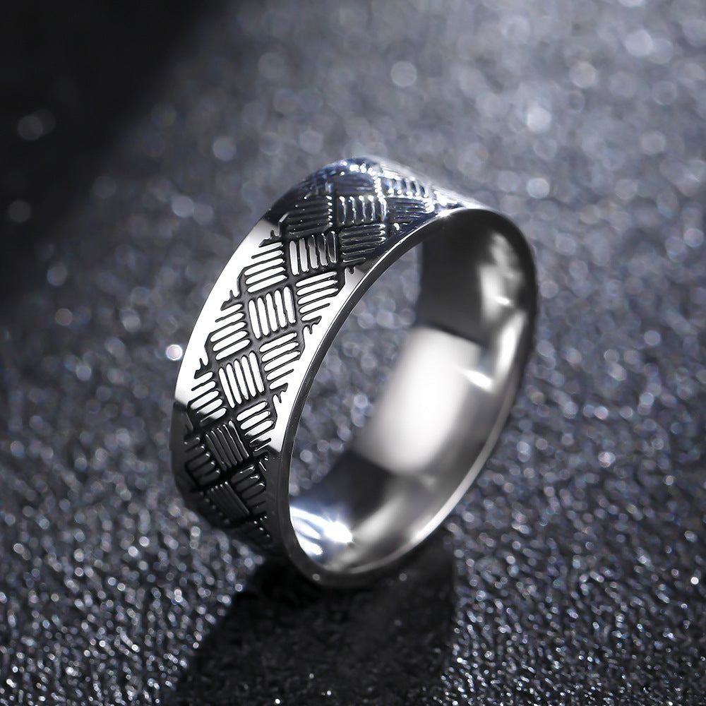 Vintage Geometric Engraved Ring 8mm Stainless Steel Band Titanium Look Men Women Fashion Jewelry Classic Style