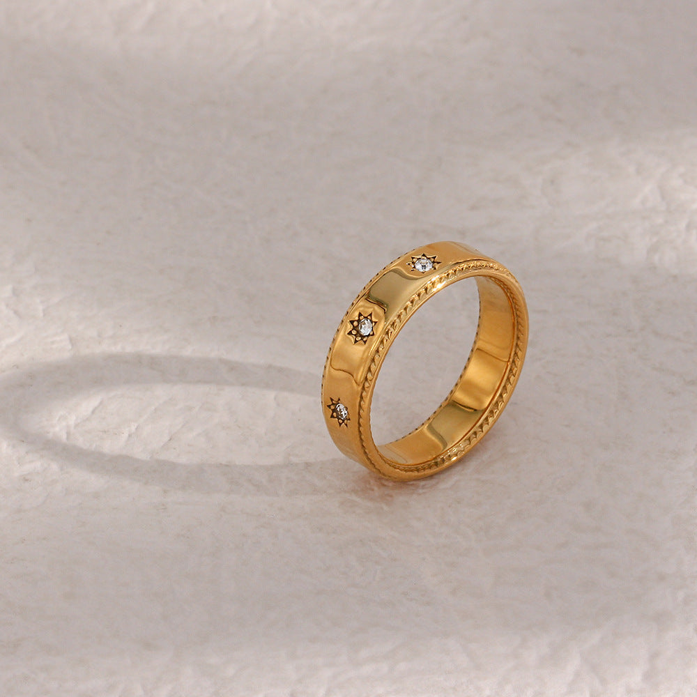 Womens Stainless Steel Ring Plated With 18K Gold Zircon Accent Waterproof AntiRust Anti Allergy Statement Ring