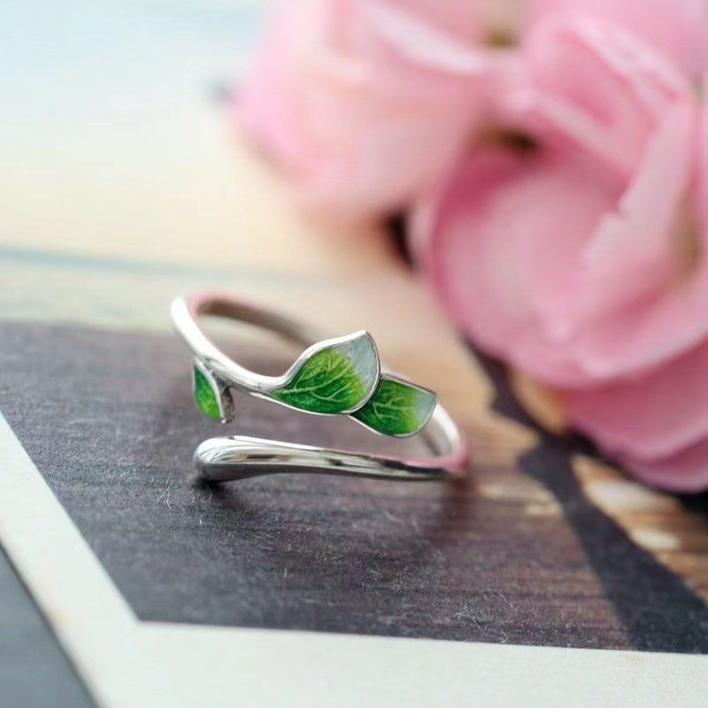 Unisex Adjustable Ring Electroplated Metal Enamel Branch Ring With Flower Design Live Mouth Ring Blue Greenish