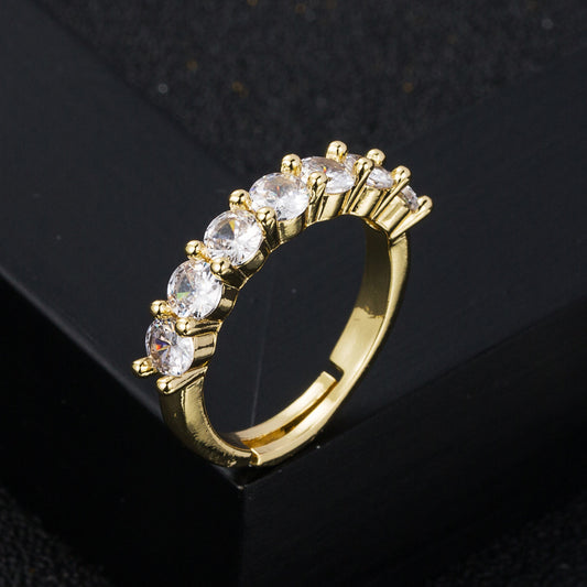 Brass Gold Plated Zircon Ring Unisex Geometric Micro Inlay Style With Adjustable Opening White Zircon Sparkle Finish