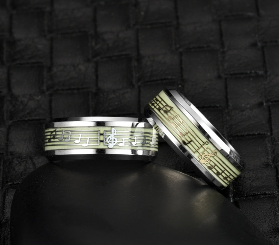 Stainless Steel Glow In The Dark Musical Notation Ring For Men Luminous Score Design Band Statement Ring Gifts