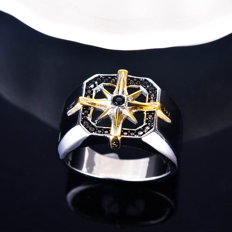 Mens Two Tone Copper Ring Vintage Geometric Compass Seal Design Ring Electroplated Finish Fashion Modern Style