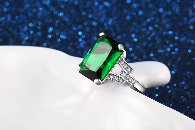 Emerald Square Ring White Gold Plated Copper Geometric Inlaid Gemstone Jewelry For Office Wear For Office Wear